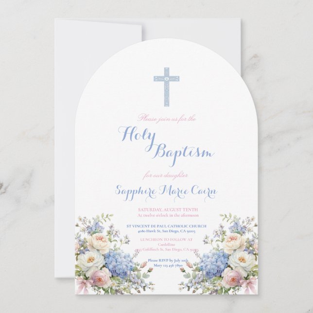 Invitación de Bautizo con Acuarela Floral de Prima (Anverso)