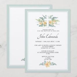 Invitación de Bautizo con Acuarela Floral Verde