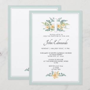 Invitación de Bautizo con Acuarela Floral Verde