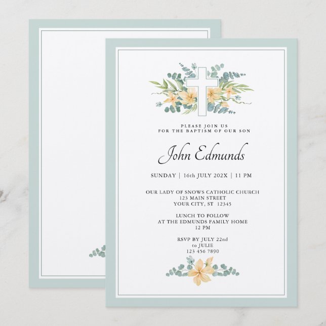 Invitación de Bautizo con Acuarela Floral Verde (Anverso / Reverso)