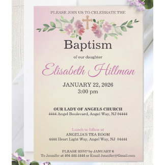 Invitación de Bautizo con Acuarela Rosa Polvo y Am