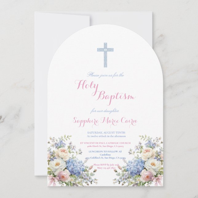 Invitación de Bautizo con Aquarela Floral de Prima (Anverso)