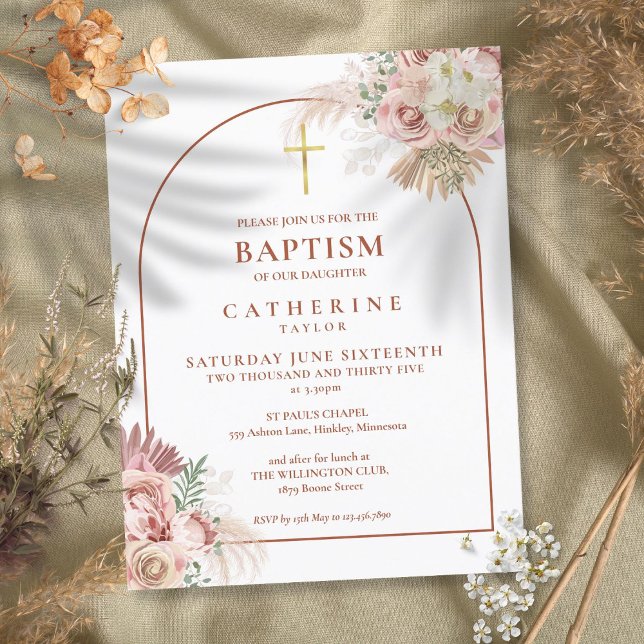 Invitación de bautizo con arco de hierba de las Pa (Pampas Grass Arch Baptism Christening Invitation)