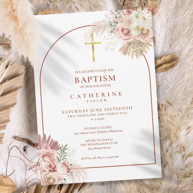 Invitación de bautizo con arco de hierba de las Pa (Pampas Grass Arch Baptism Christening Invitation)