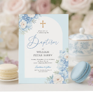 Invitación de Bautizo con Arco Floral Azul y Cruz 