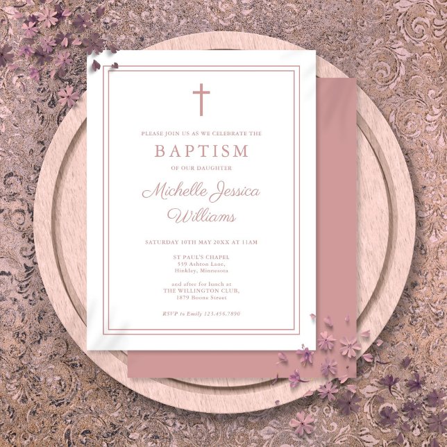 Invitación de Bautizo con Borde Elegante de Rosa P (Elegant Dusty Rose Pink Border Baptism Invitation Postcard)