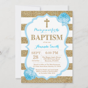 Invitación de Bautizo con Brillo Azul y Dorado