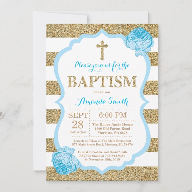 Invitación de Bautizo con Brillo Azul y Dorado (Anverso)