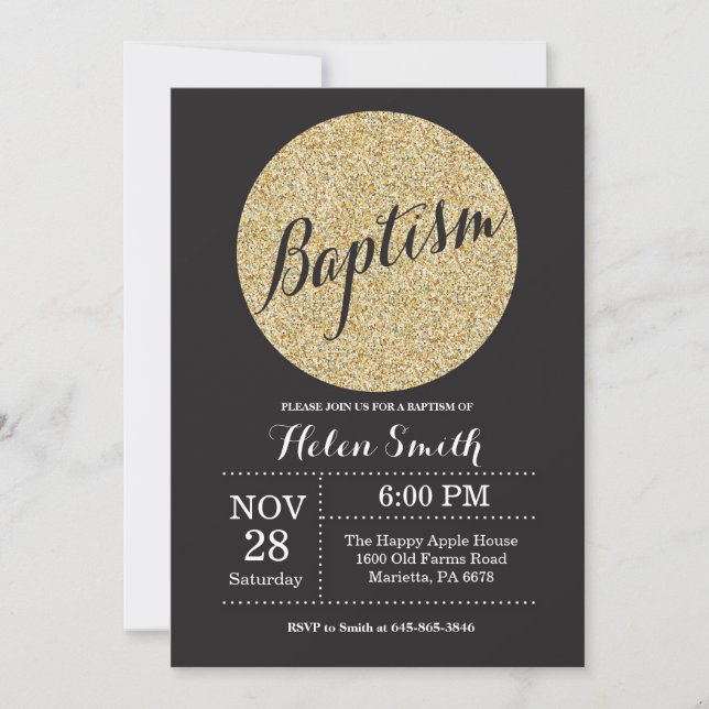 Invitación de Bautizo con Brillo Dorado y Negro (Anverso)