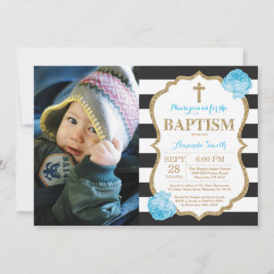 Invitación de Bautizo con Brillo Negro Azul y Dora
