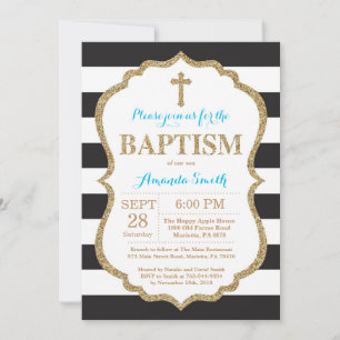 Invitación de Bautizo con Brillo Negro Azul y Dora