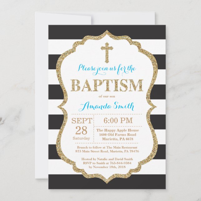 Invitación de Bautizo con Brillo Negro Azul y Dora (Anverso)