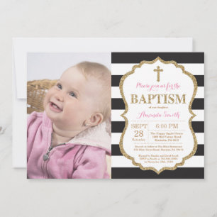 Invitación de Bautizo con Brillo Negro Rosa y Dora
