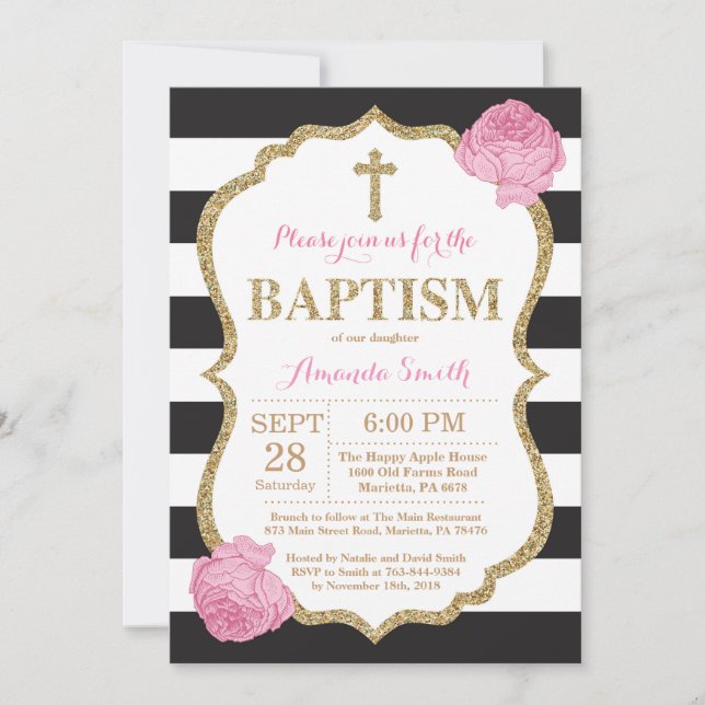 Invitación de Bautizo con Brillo Negro Rosa y Dora (Anverso)