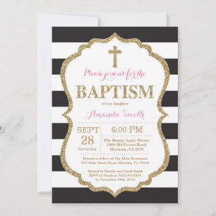 Invitación de Bautizo con Brillo Negro Rosa y Dora