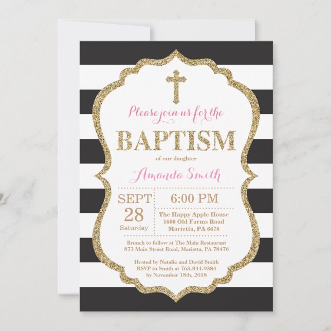 Invitación de Bautizo con Brillo Negro Rosa y Dora (Anverso)