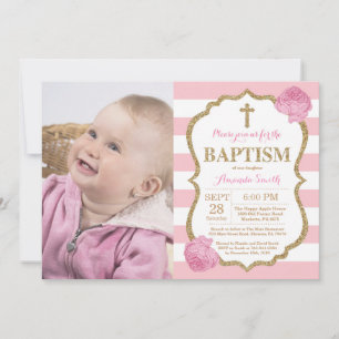 Invitación de Bautizo con Brillo Rosa y Dorado