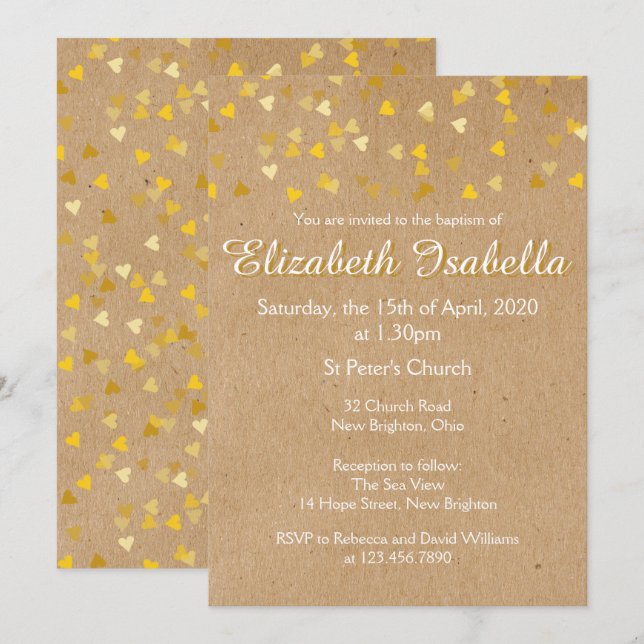 Invitación de Bautizo con Corazones Dorados (Anverso / Reverso)