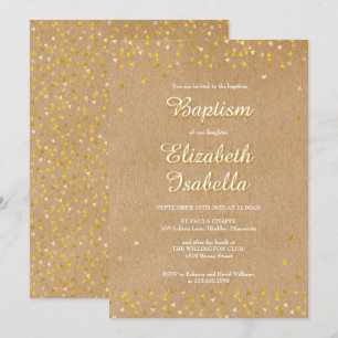 Invitación de bautizo con corazones dorados