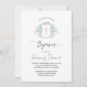 invitación de bautizo con cresta azul y letra negr