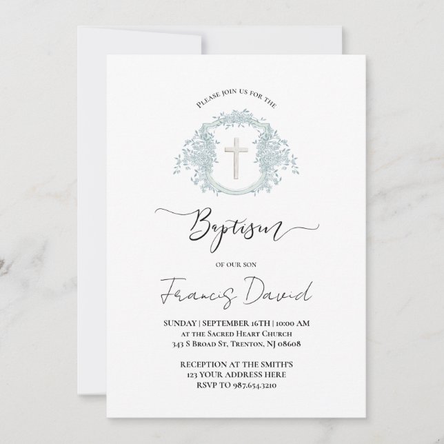 invitación de bautizo con cresta azul y letra negr (Anverso)