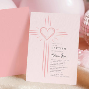 Invitación de Bautizo con Cruz de Corazón Rosa