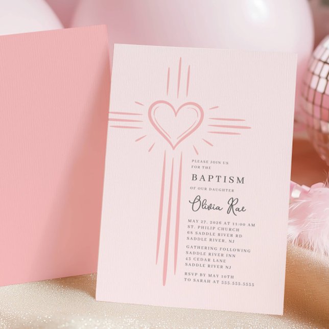 Invitación de Bautizo con Cruz de Corazón Rosa (Subido por el creador)