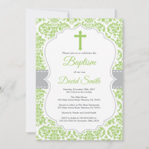 Invitación de Bautizo con Cruz de Damasco Verde