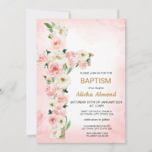 Invitación de Bautizo con Cruz de Flor, Cristiana
