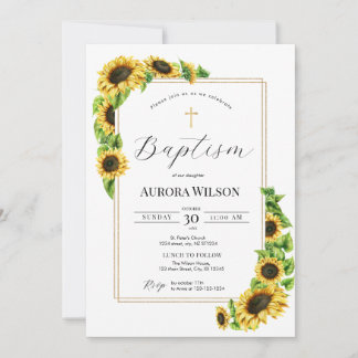 Invitación de Bautizo con Cruz de Girasol Amarillo
