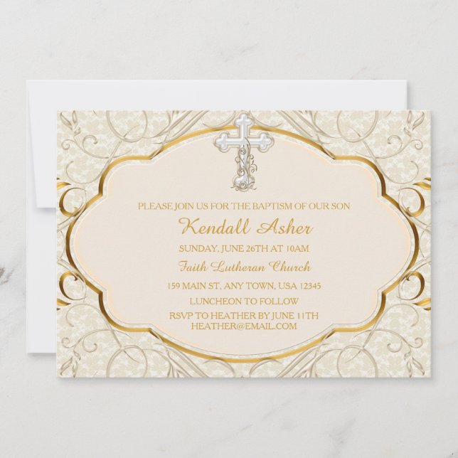 Invitación de bautizo con cruz de oro y plata (Anverso)