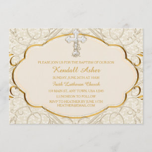 Invitación de bautizo con cruz de oro y plata