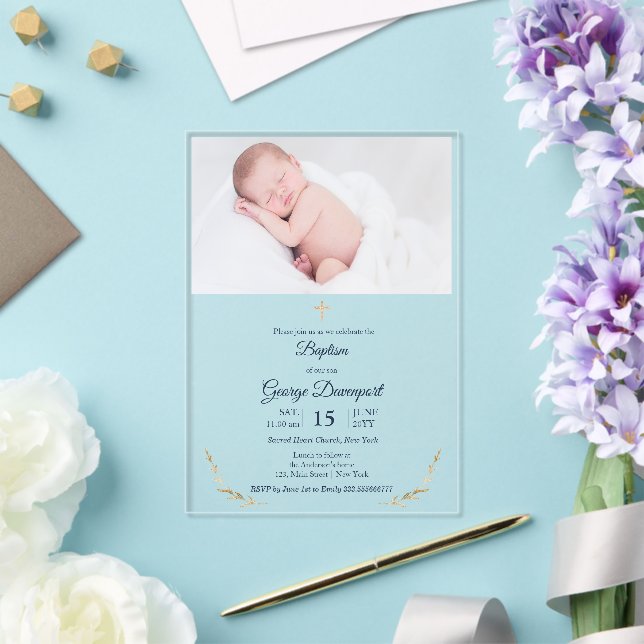 Invitación de bautizo con cruz dorada transparente (Insitu (Boda))
