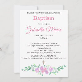 Invitación de Bautizo con Cruz Floral Acuarela Ros