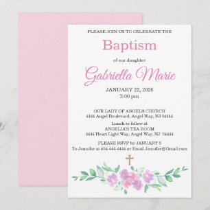 Invitación de Bautizo con Cruz Floral Acuarela Ros
