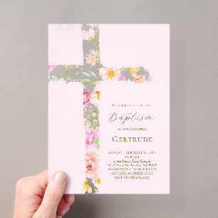 invitación de bautizo con cruz floral de acuarela