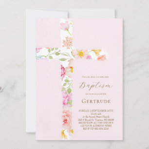 invitación de bautizo con cruz floral de acuarela
