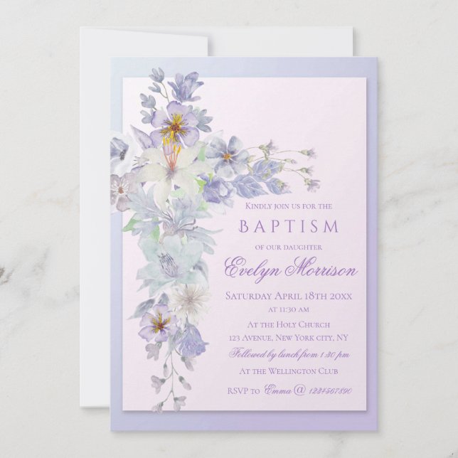 Invitación de Bautizo con Cruz Floral de Lavanda (Anverso)