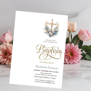 Invitación de bautizo con cruz floral elegante y p