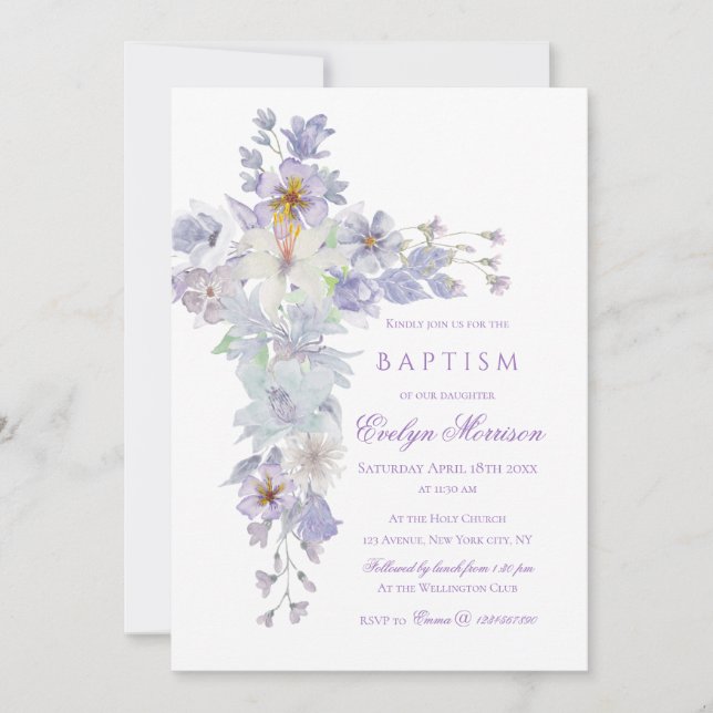 Invitación de Bautizo con Cruz Floral Lavanda (Anverso)