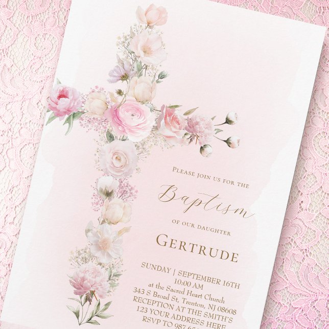invitación de bautizo con cruz floral rosa acuarel (Subido por el creador)