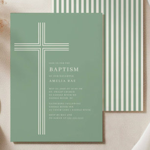 Invitación de Bautizo con Cruz Rayada Sage 