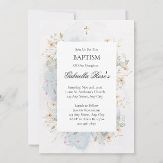 Invitación de Bautizo con Cruz y Acentos Florales