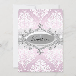 Invitación de Bautizo con Damasco Rosa y Cruz de J