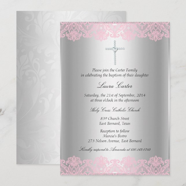 Invitación de Bautizo con Encaje Rosa y Cruz (Anverso / Reverso)
