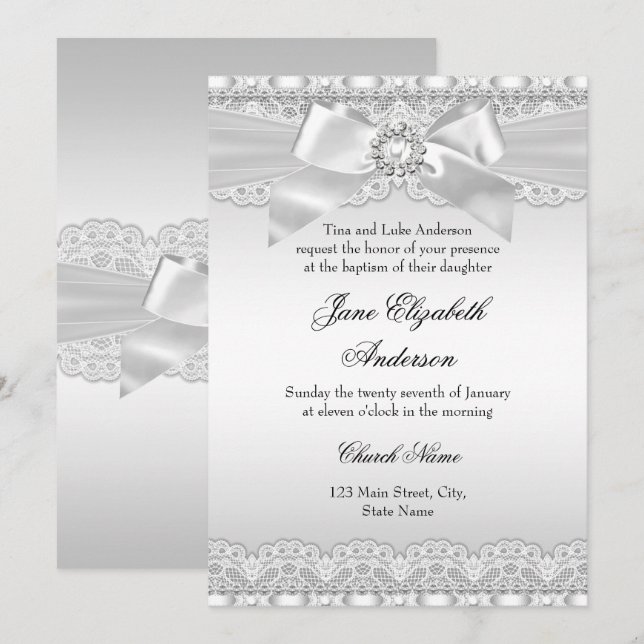 Invitación de Bautizo con Encaje y Lazo de Diamant (Anverso / Reverso)