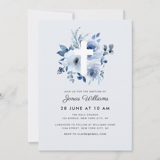 Invitación de bautizo con flores azules al estilo  (Anverso)