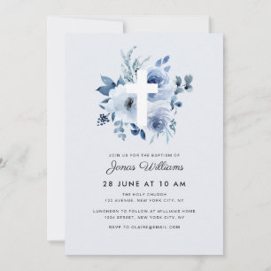 Invitación de bautizo con flores azules al estilo 