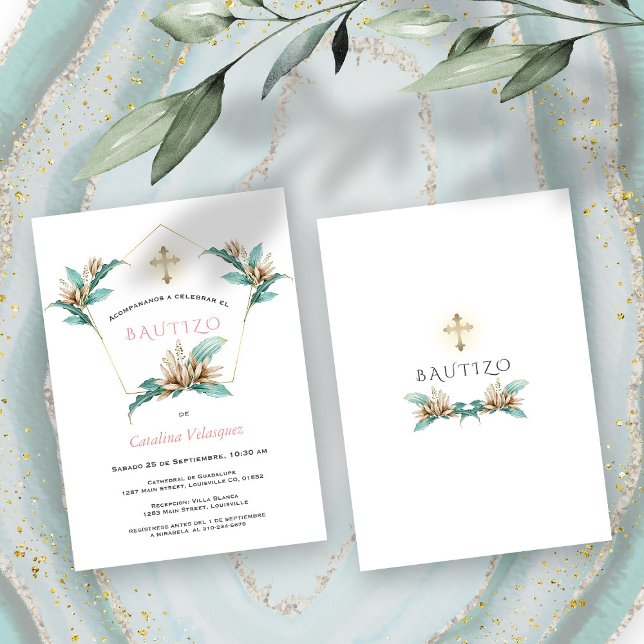 Invitación De Bautizo Con Flores Dorado Lirio De M (Bautizo Baptism instant download invitation.)