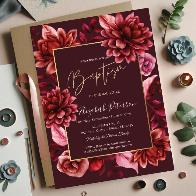 Invitación de Bautizo con Flores Rojas Elegantes (Subido por el creador)